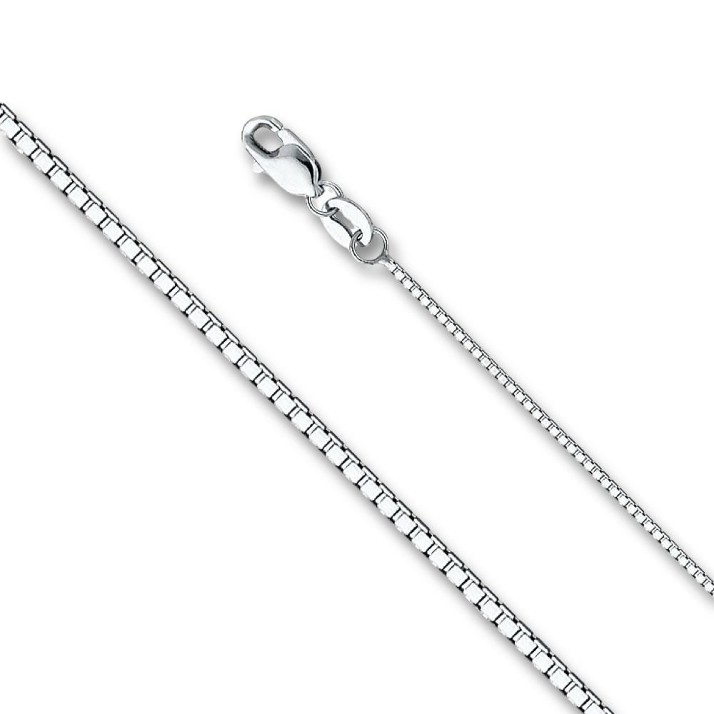 Studio image of a 14K gold box chain in white, laid straight on a plain background to emphasize its sleek 0.8mm design.