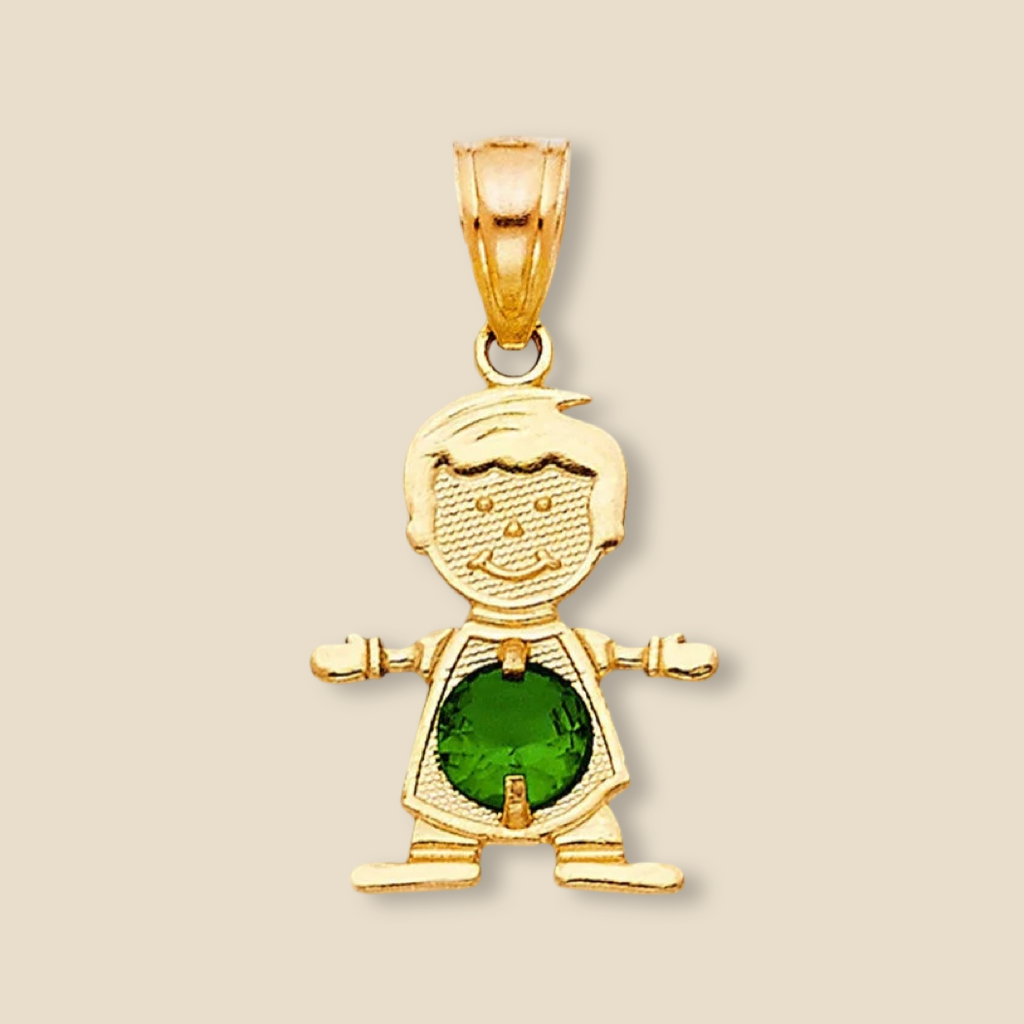 14K Solid Gold May Birthstone Boy Charm featuring a green cubic zirconia stone, resting on a plain background to emphasize its polished gold finish and intricate details.