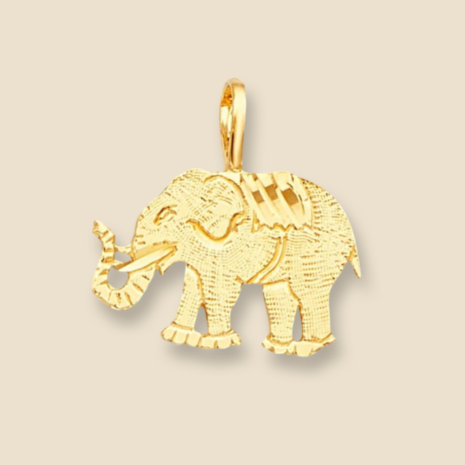Close-up of 14K gold elephant pendant on a plain background, emphasizing its polished finish and detailed shape.