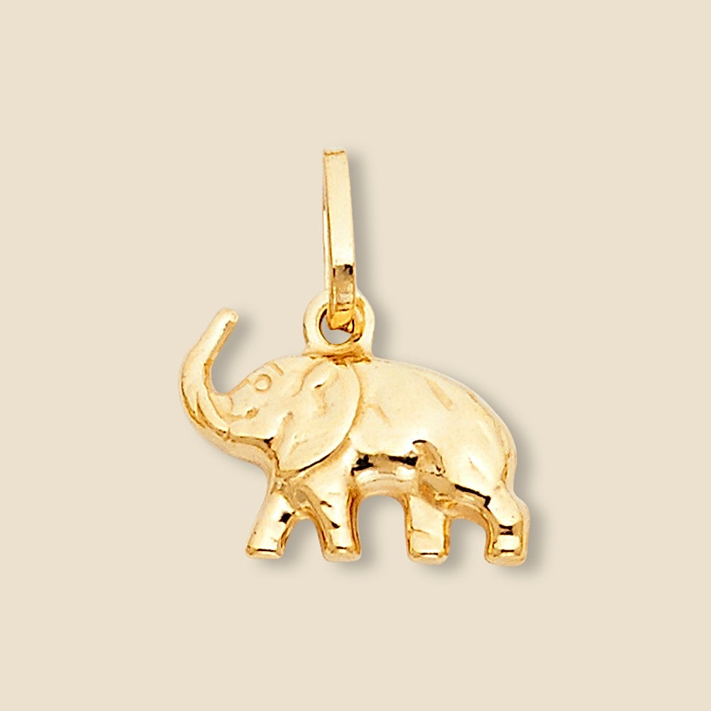 Close-up of a 14K Gold Elephant Pendant against a plain background, showcasing its intricate design and polished gold finish.