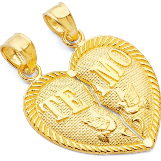 Solid gold Te Amo Breakable charm. Heart shape it has two birds on it and wrote Te Amo on it. it has a crack between two parts of heart so it can get separated and gifted to the loved one. 