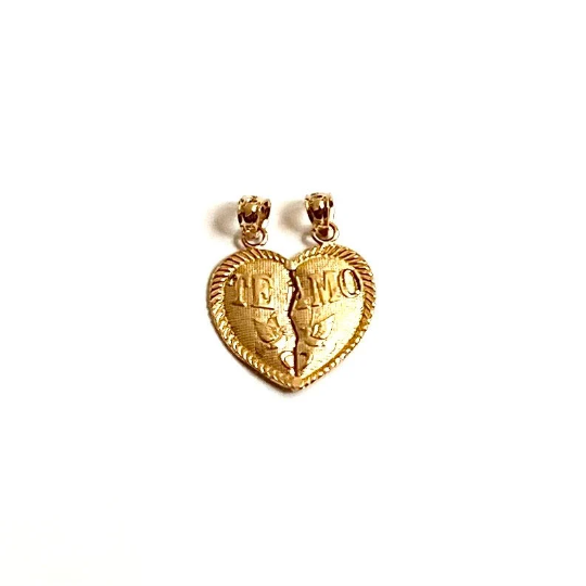 Solid gold Te Amo Breakable charm. Heart shape it has two birds on it and wrote Te Amo on it. it has a crack between two parts of heart so it can get separated and gifted to the loved one. 