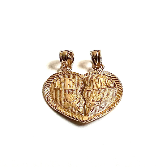 Solid gold Te Amo Breakable charm. Heart shape it has two birds on it and wrote Te Amo on it. it has a crack between two parts of heart so it can get separated and gifted to the loved one. 