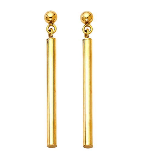 Discover the perfect blend of trendiness and timelessness with our genuine gold bar dangle earrings. Handcrafted from pure 14K solid gold, these earrings exude luxury and sophistication. The meticulously designed bars capture and reflect light, showcasing the radiant glow of authentic gold. With a stylish and secure butterfly back, these earrings are a must-have accessory, adding a touch of elegance to both modern and classic looks