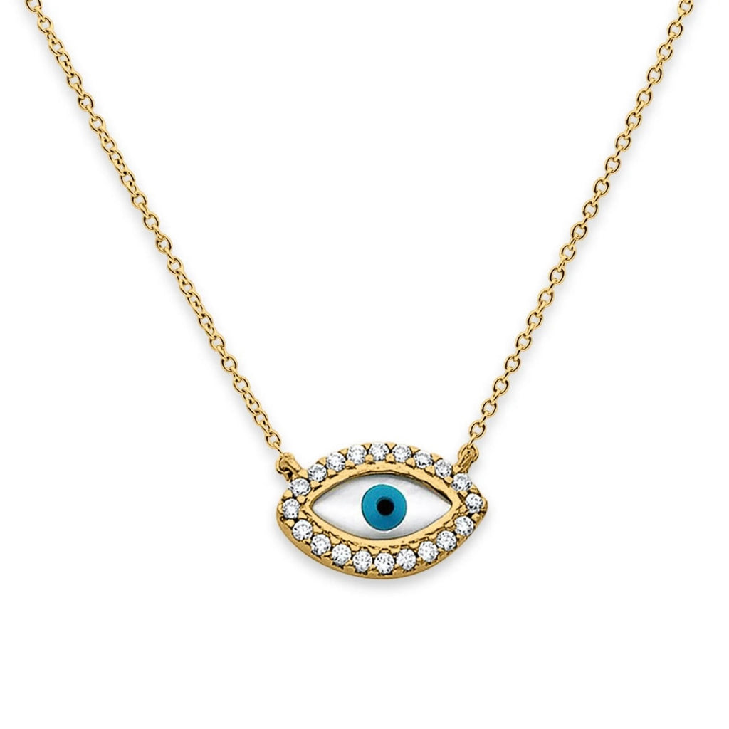 3D image of adjustable yellow gold evil eye necklace with a captivating eye-shaped design adorned with sparkling cubic zirconia around the eye.