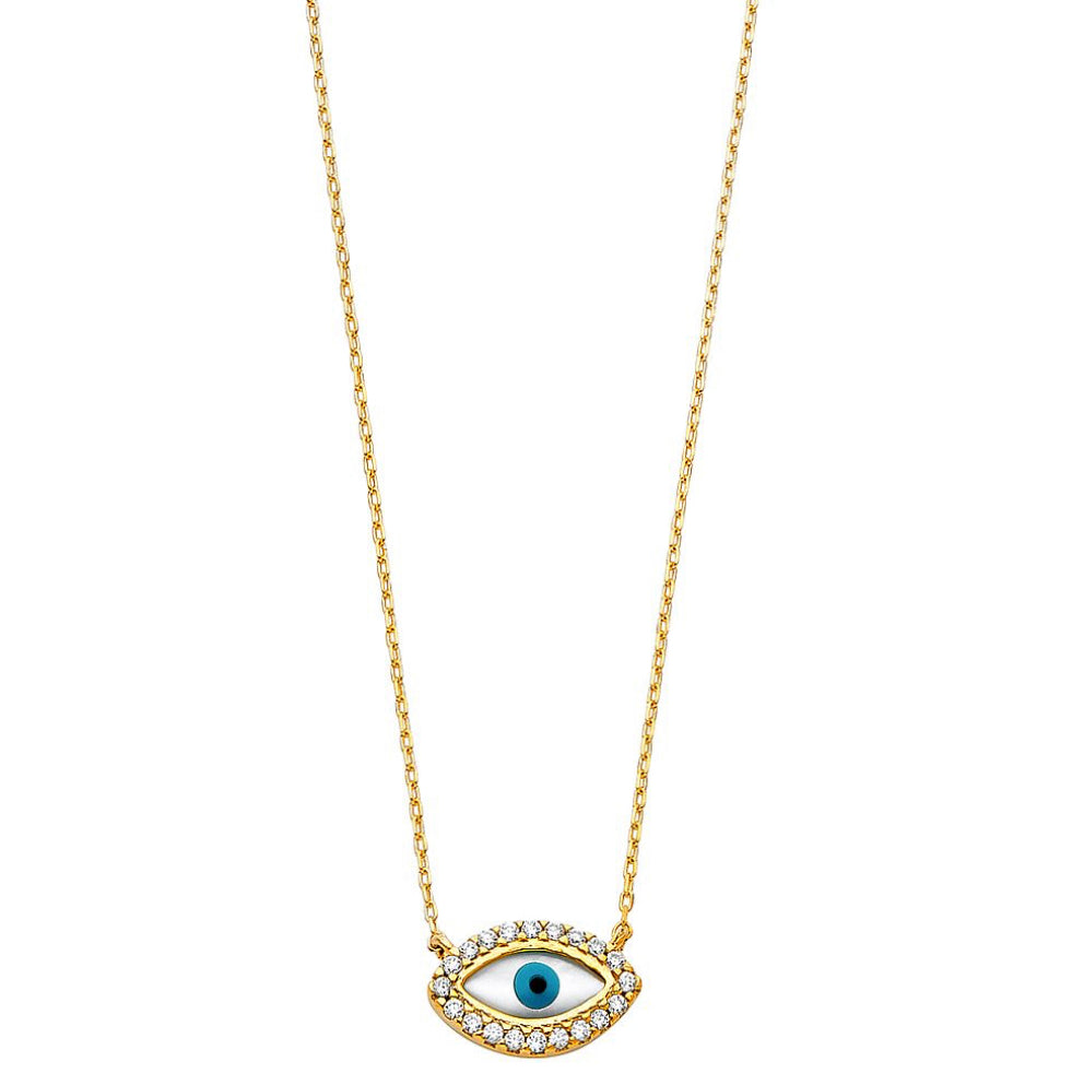 3D image of adjustable yellow gold evil eye necklace with a captivating eye-shaped design adorned with sparkling cubic zirconia around the eye.