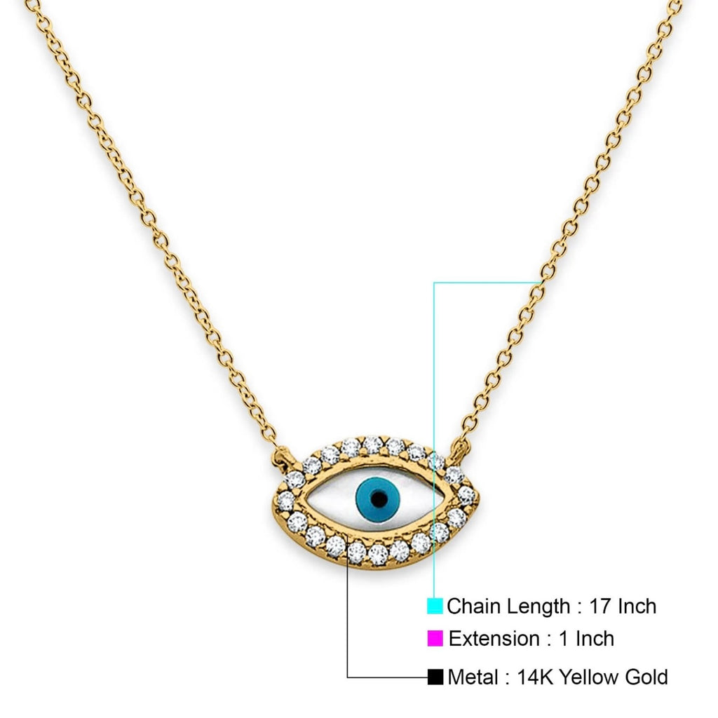 "3D image of adjustable yellow gold evil eye necklace with a captivating eye-shaped design adorned with sparkling cubic zirconia around the eye with detail of chain length 17 plus 1 inch adjustable. 