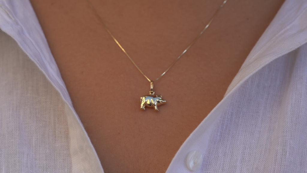 Video of a model wearing the 14K Solid Gold Pig Charm, showing the charm's movement and polished gold finish.