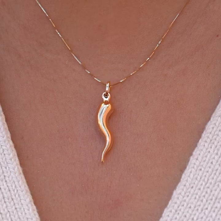 A model wears the 14K Yellow Gold Hollow Horn Pendant on a delicate chain, the pendant’s sleek, polished design resting gracefully on their chest. The hollow horn charm symbolizes protection and strength, adding a touch of elegance and spiritual significance to their look.