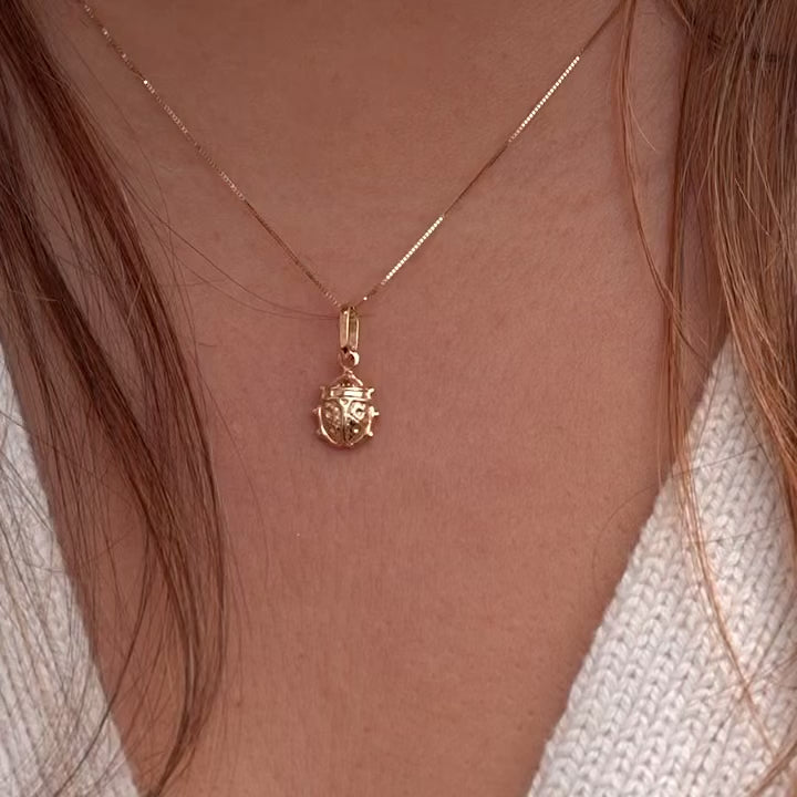 Model wearing a delicate 14K gold ladybird pendant on a fine chain, showcasing its dainty size and polished gold shine against the neckline.