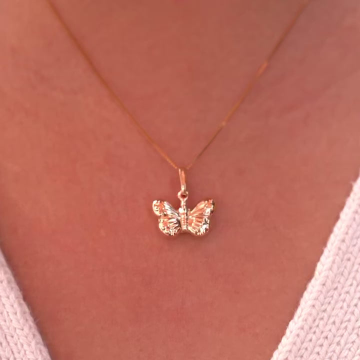 Model wearing the 14K gold butterfly pendant, emphasizing its dainty size and refined elegance on the neckline.
