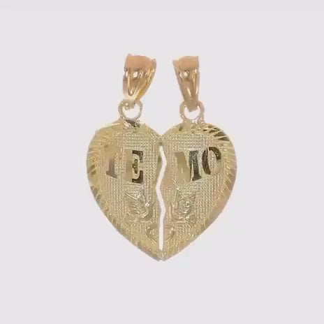 Solid gold Te Amo Breakable charm. Heart shape it has two birds on it and wrote Te Amo on it. it has a crack between two parts of heart so it can get separated and gifted to the loved one. 